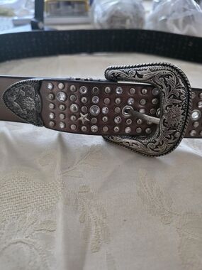 Brown Rhinestone Western Belt with Ornate Silver Buckle
